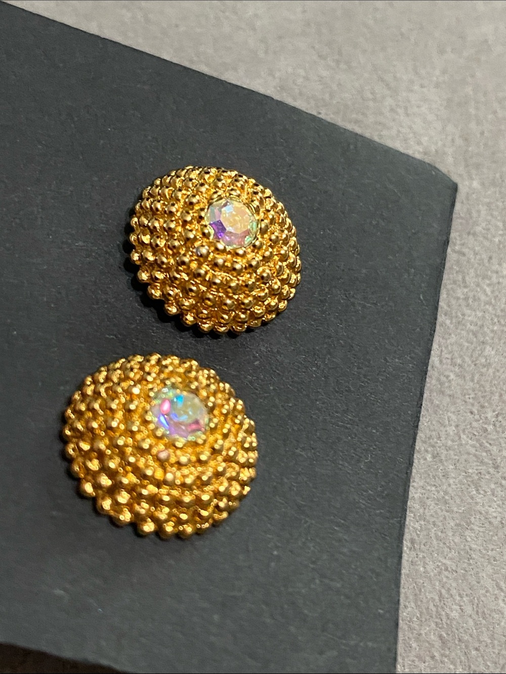 Avon Gold Beaded Dome Earrings with Aurora Crystal - Picture 6 of 6